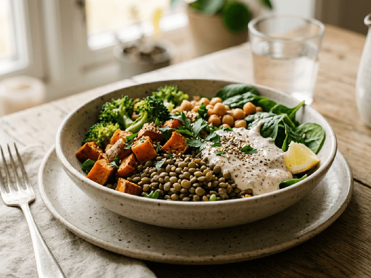 Linse- og grønnsaksbowl med tahini-yoghurt