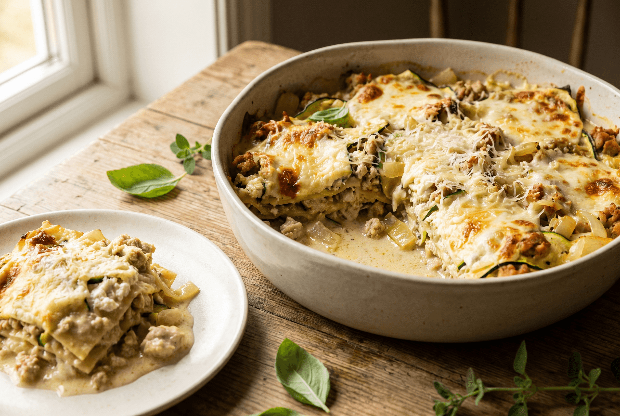 Kyllinglasagne med squash og ricotta i ildfast form, gyllen ost på toppen, servert på trefat med basilikum.
