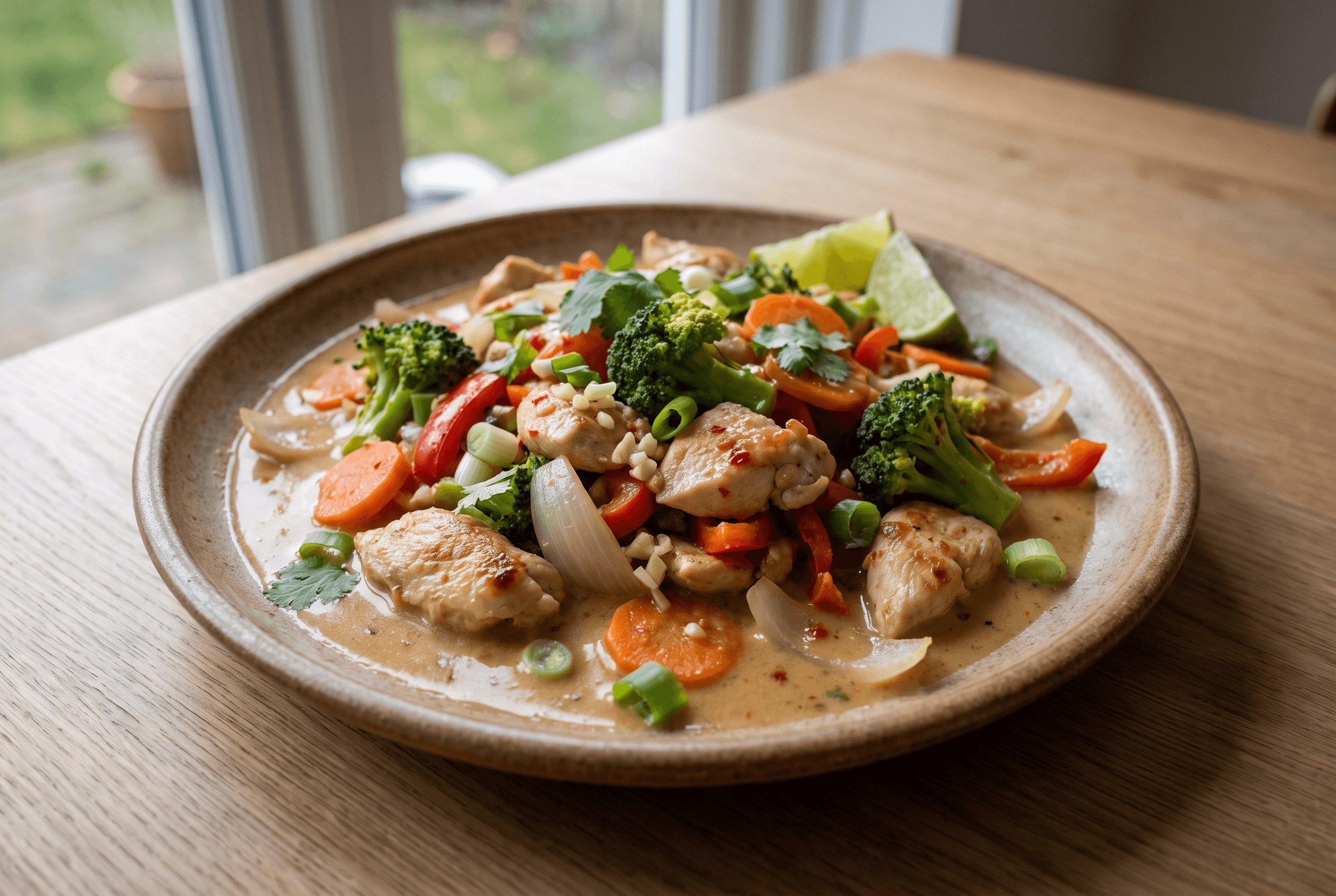 Wok med kylling og grønnsaker i søt chilisaus, servert i en skål