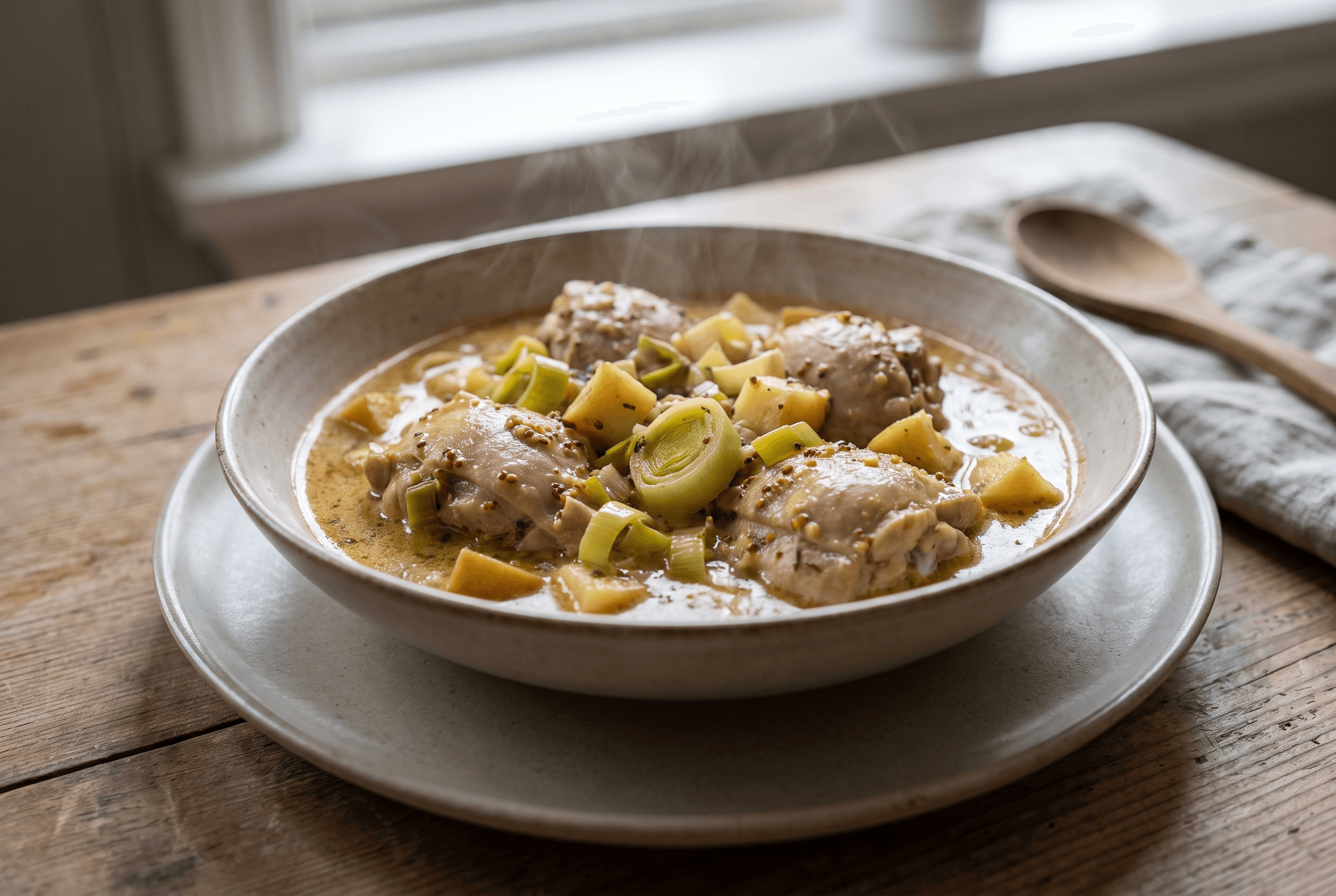 Kyllinggryte med eple og purre i en keramikkskål, pyntet med persille, på et trebord med brød ved siden av
