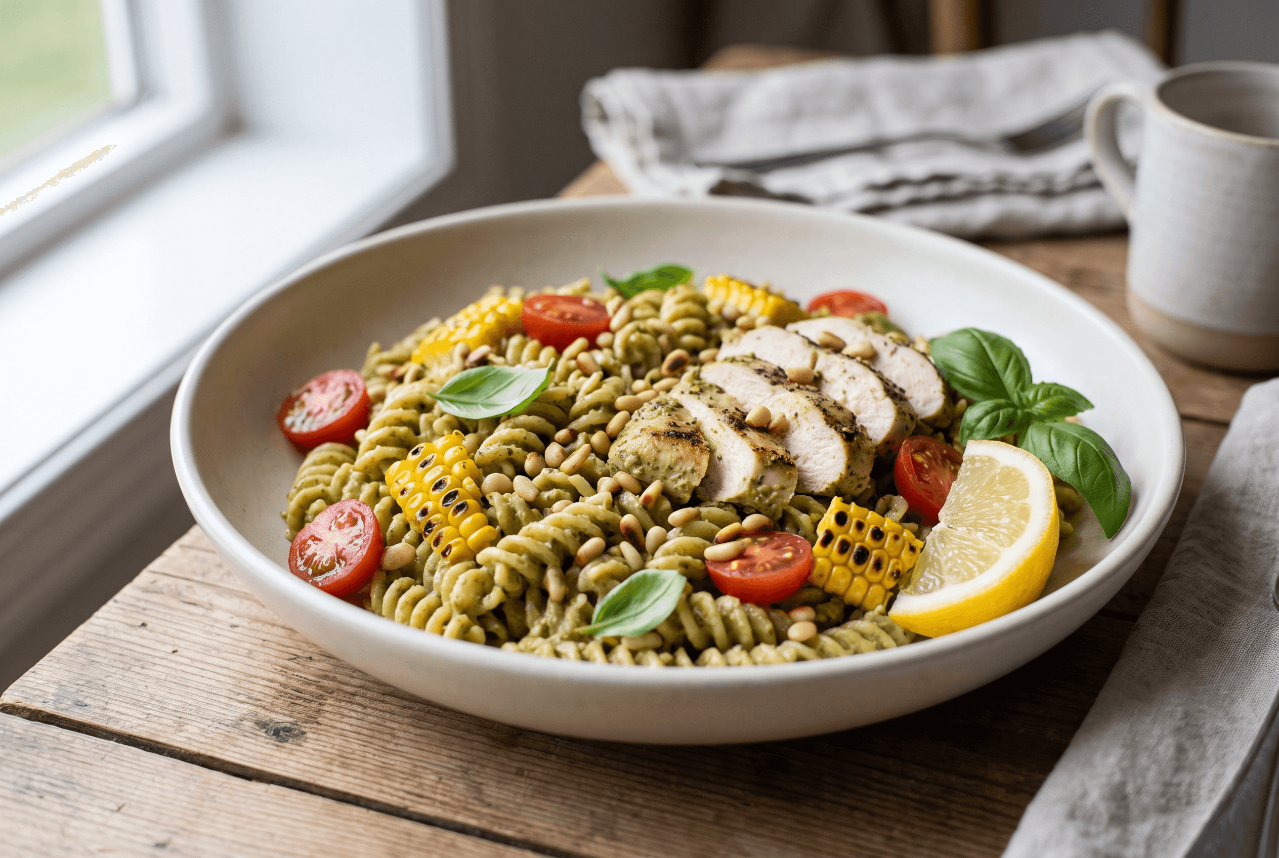 Pastasalat med pesto, kylling og mais i en hvit skål