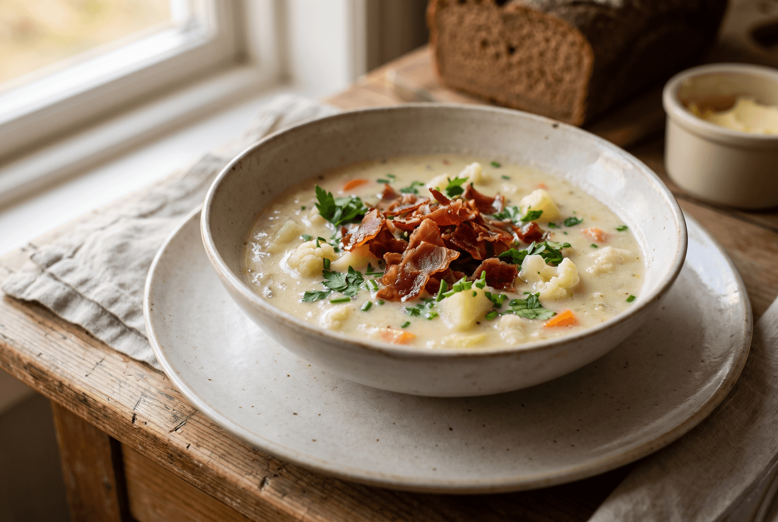 Kremet blomkålsuppe toppet med sprøstekt spekeskinke og urter