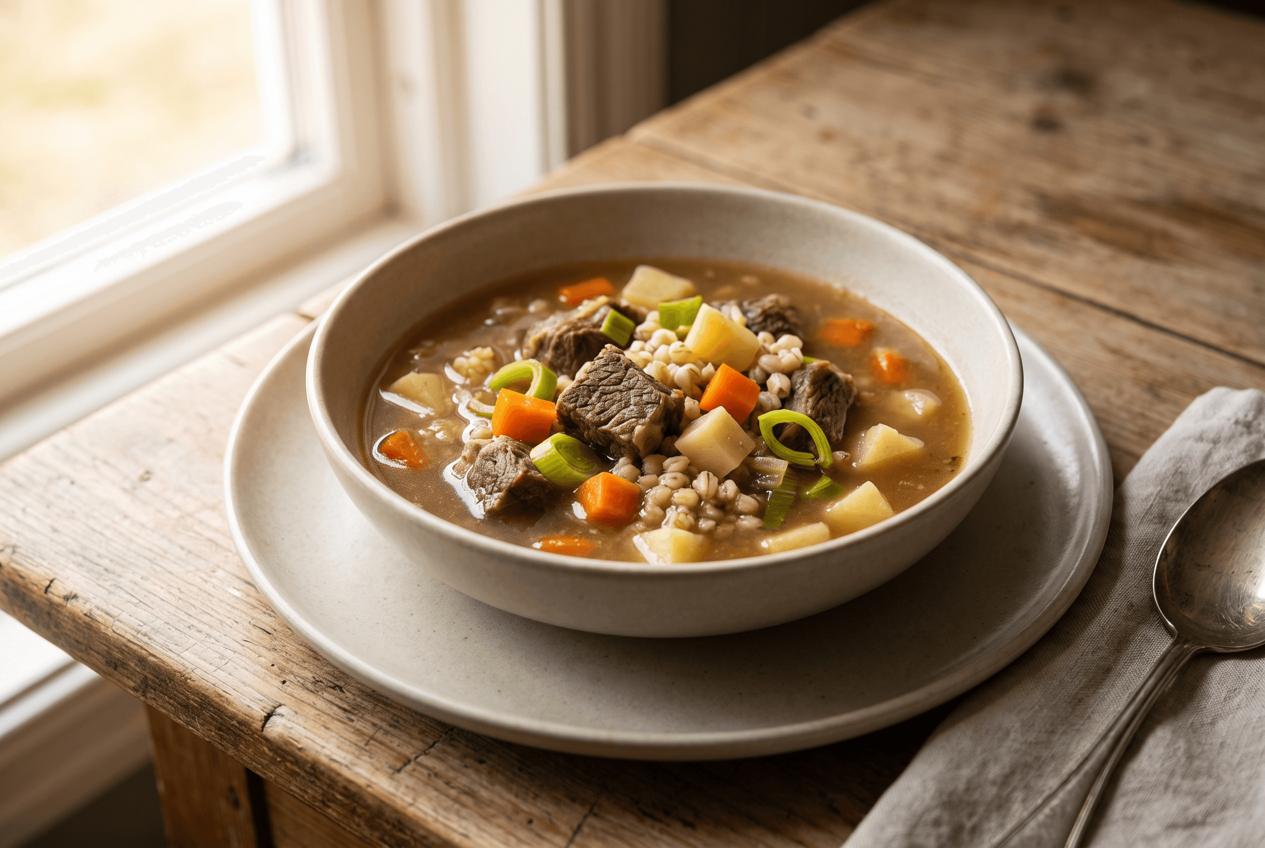 Kjøttsuppe med rotgrønnsaker og perlebygg i en bolle, med brød ved siden av.