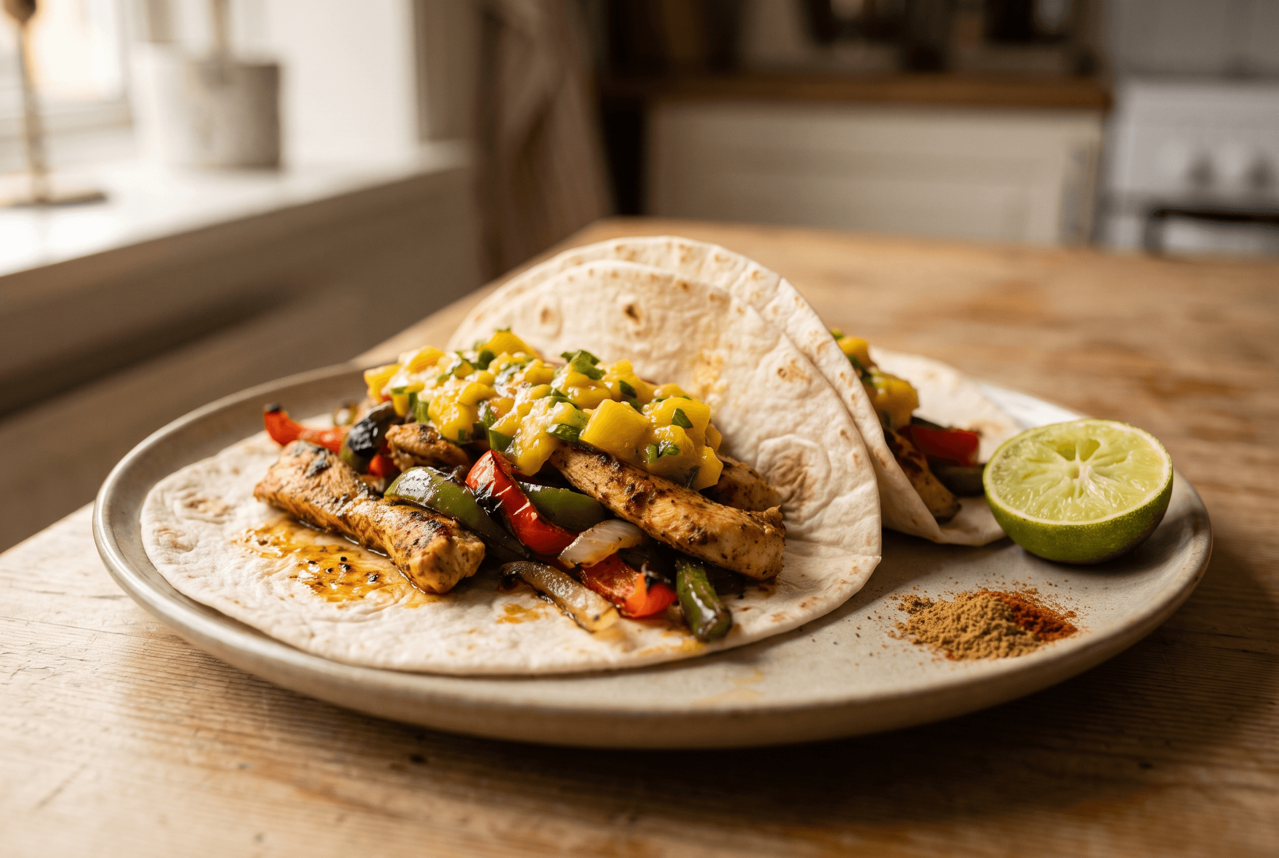 Kyllingfajita med mangosalsa og rømme på tallerken