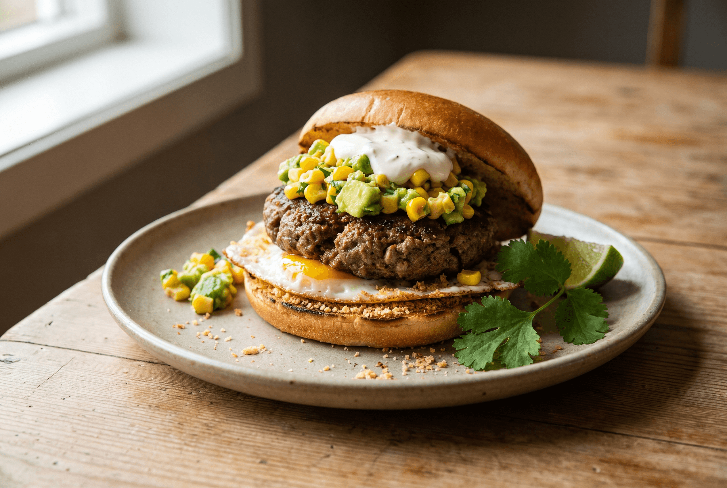 Tacoburger med mais- og avokadosalsa på trefat, nærbilde