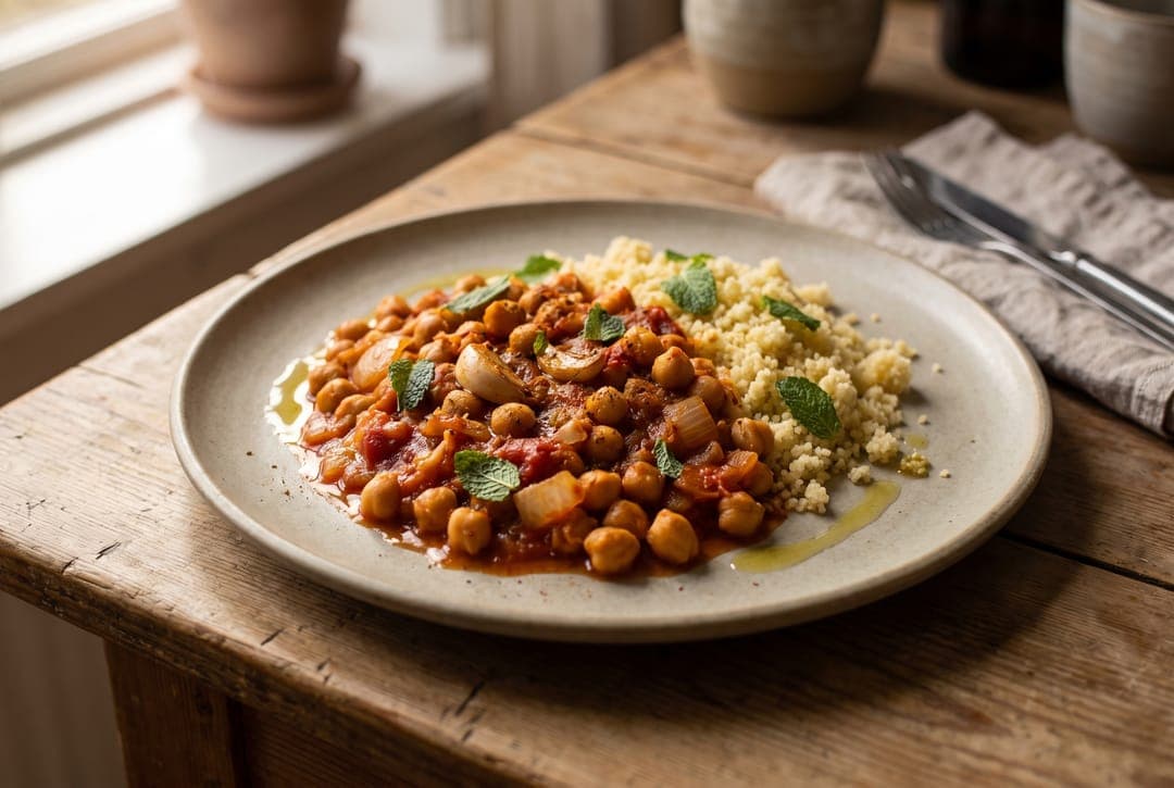 Kikerter i krydret tomatsaus med couscous og mynte på en lys tallerken