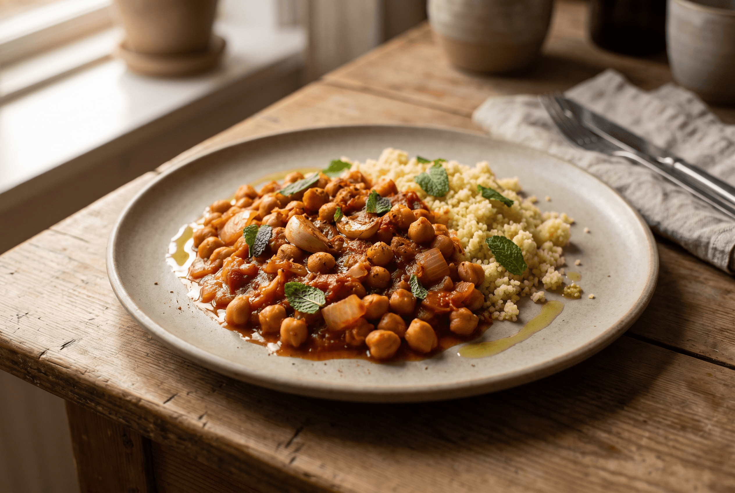 Kikerter i krydret tomatsaus med couscous og mynte på en lys tallerken