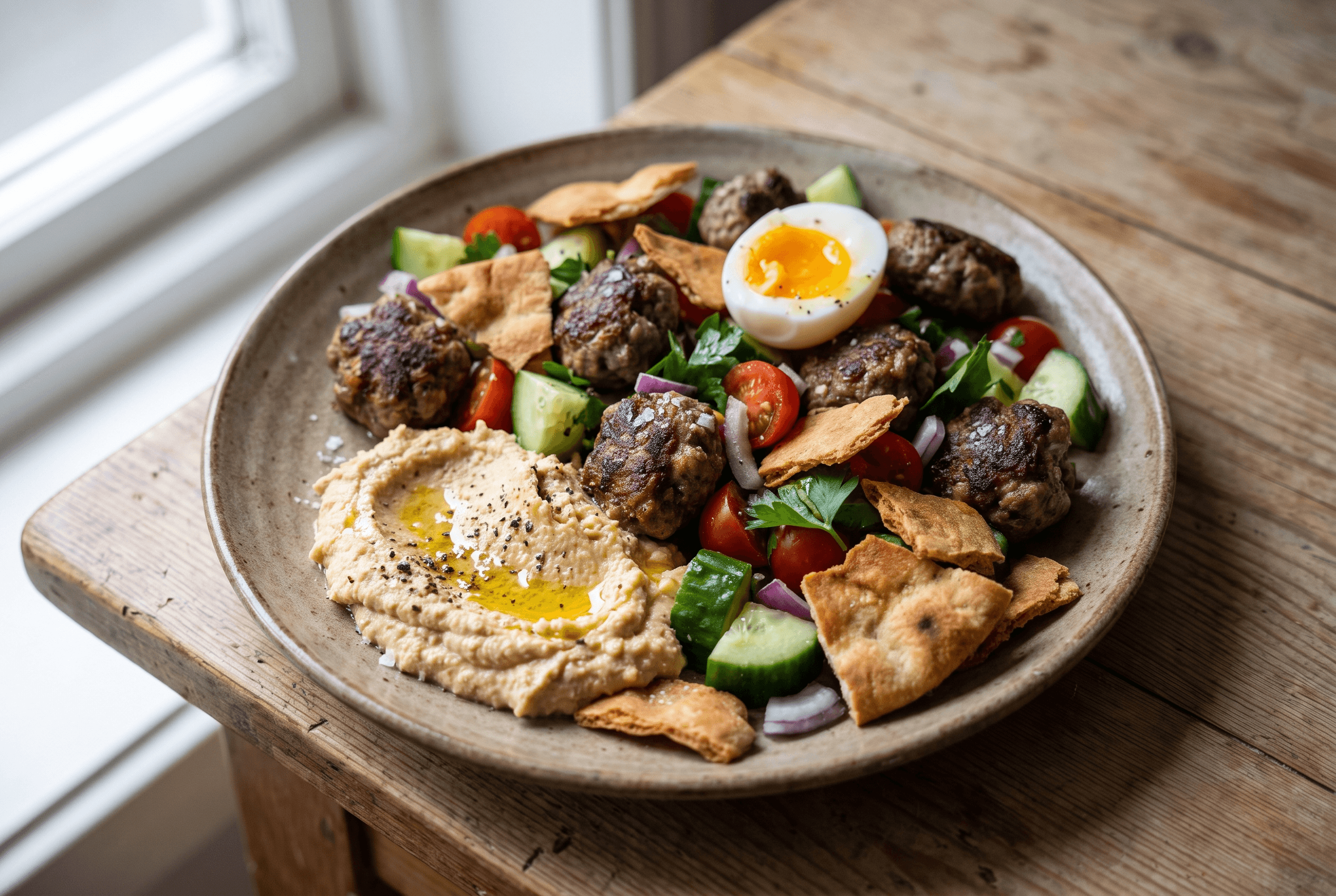Kjøttbollesalat med hummus og sprø pitabrød på en hvit tallerken