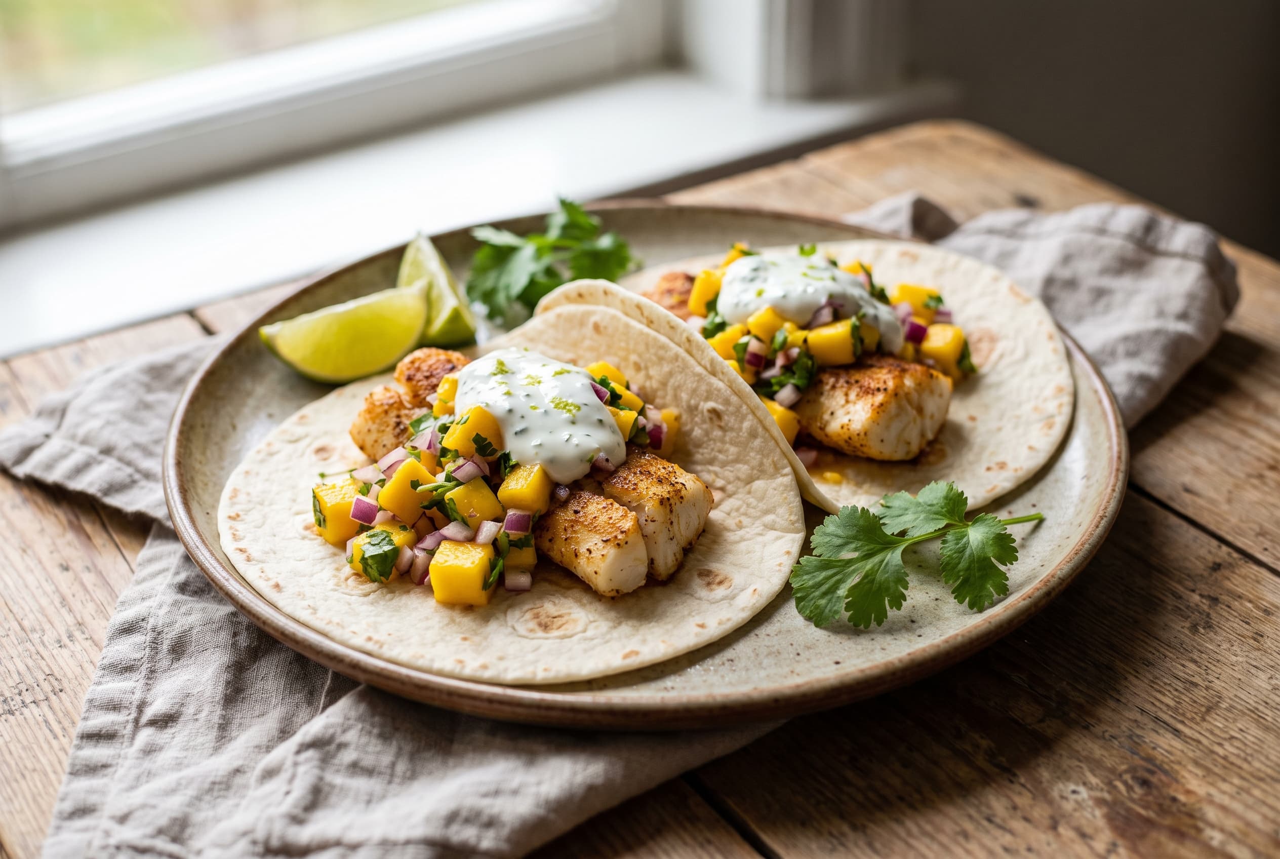 Fisketaco med mangosalsa og limeyoghurt på keramisk fat