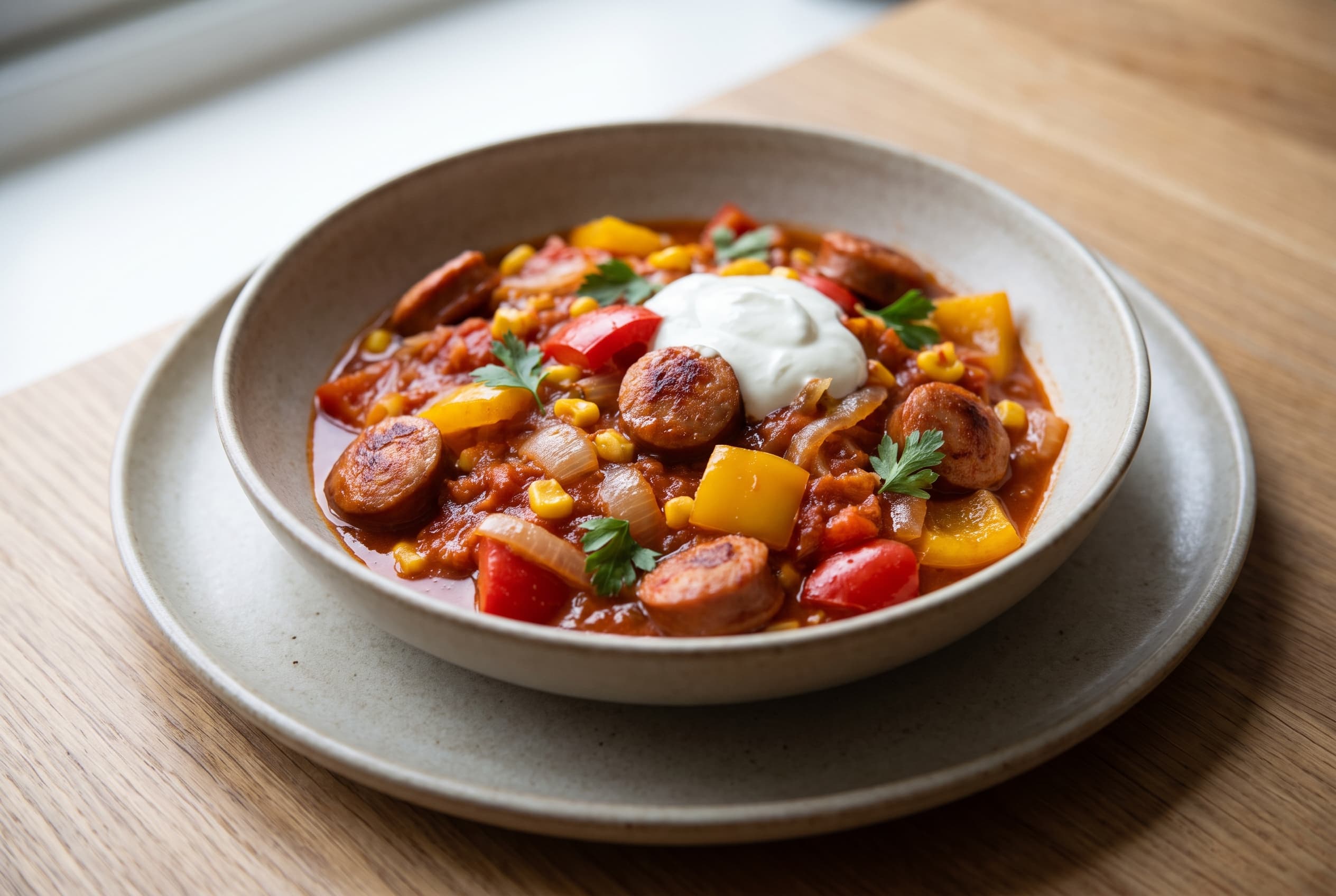 Stekt pølsegryte med paprika, mais og rømme i en keramikkskål, toppet med persille.