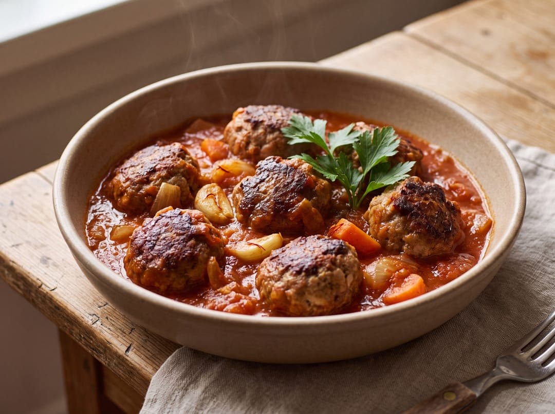 Albondigas — Spanske kjøttboller i tomatsaus servert som ferdig middag