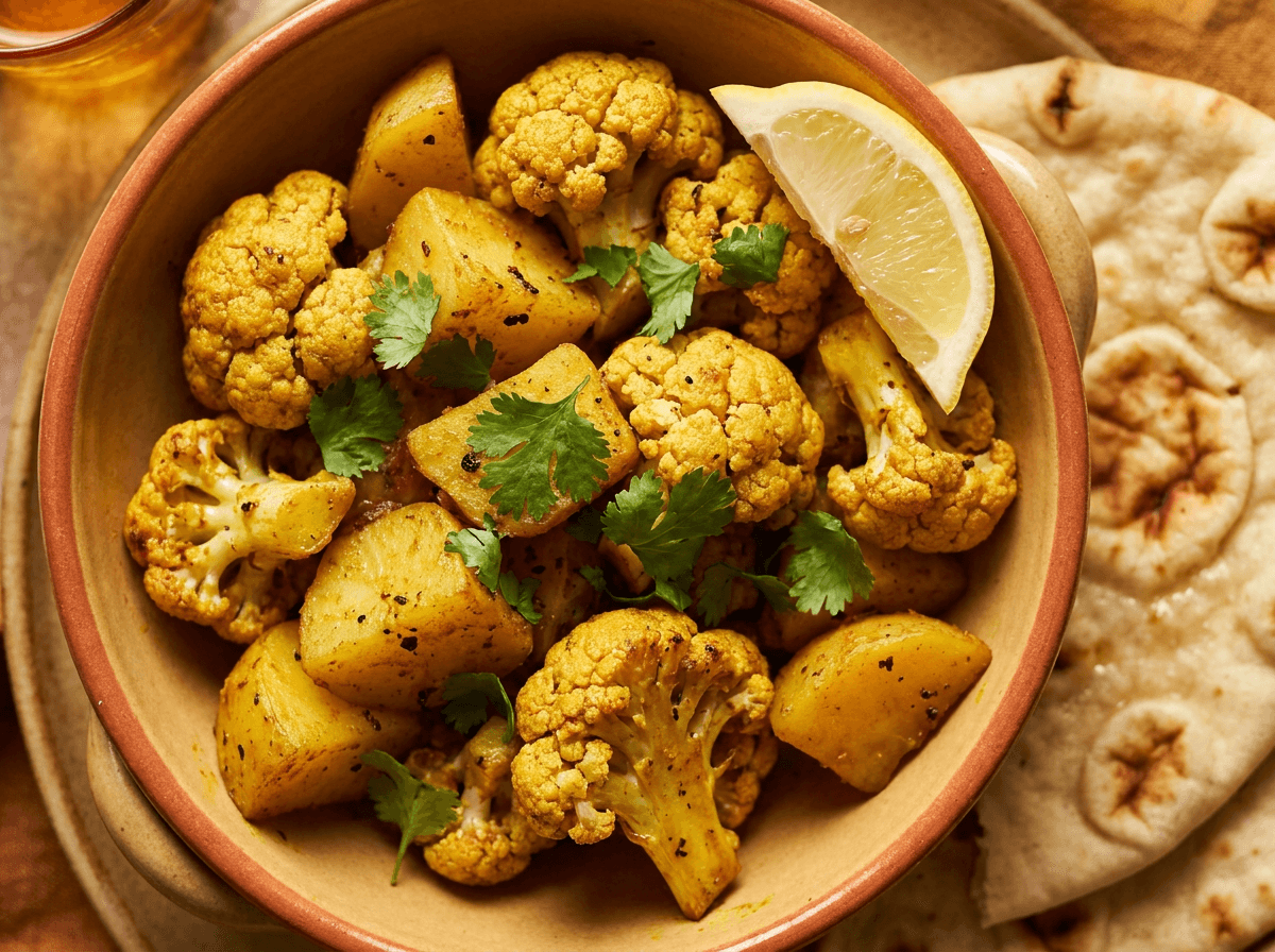 Indisk tørr blomkål- og potetcurry med krydder, servert med naanbrød