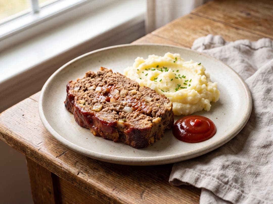 Amerikansk meatloaf med potetmos servert som ferdig middag
