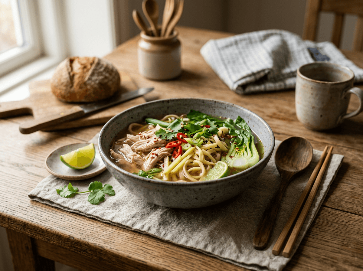 Asiatisk kyllingsuppe med nudler og ingefær