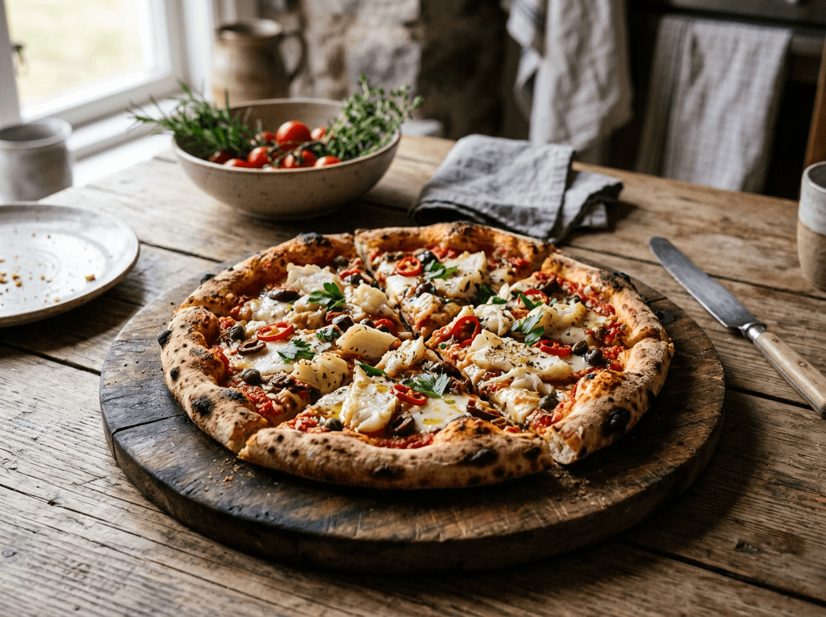Rustikk bacalao-pizza med klippfisk, tomat, chili og oliven på trefjøl