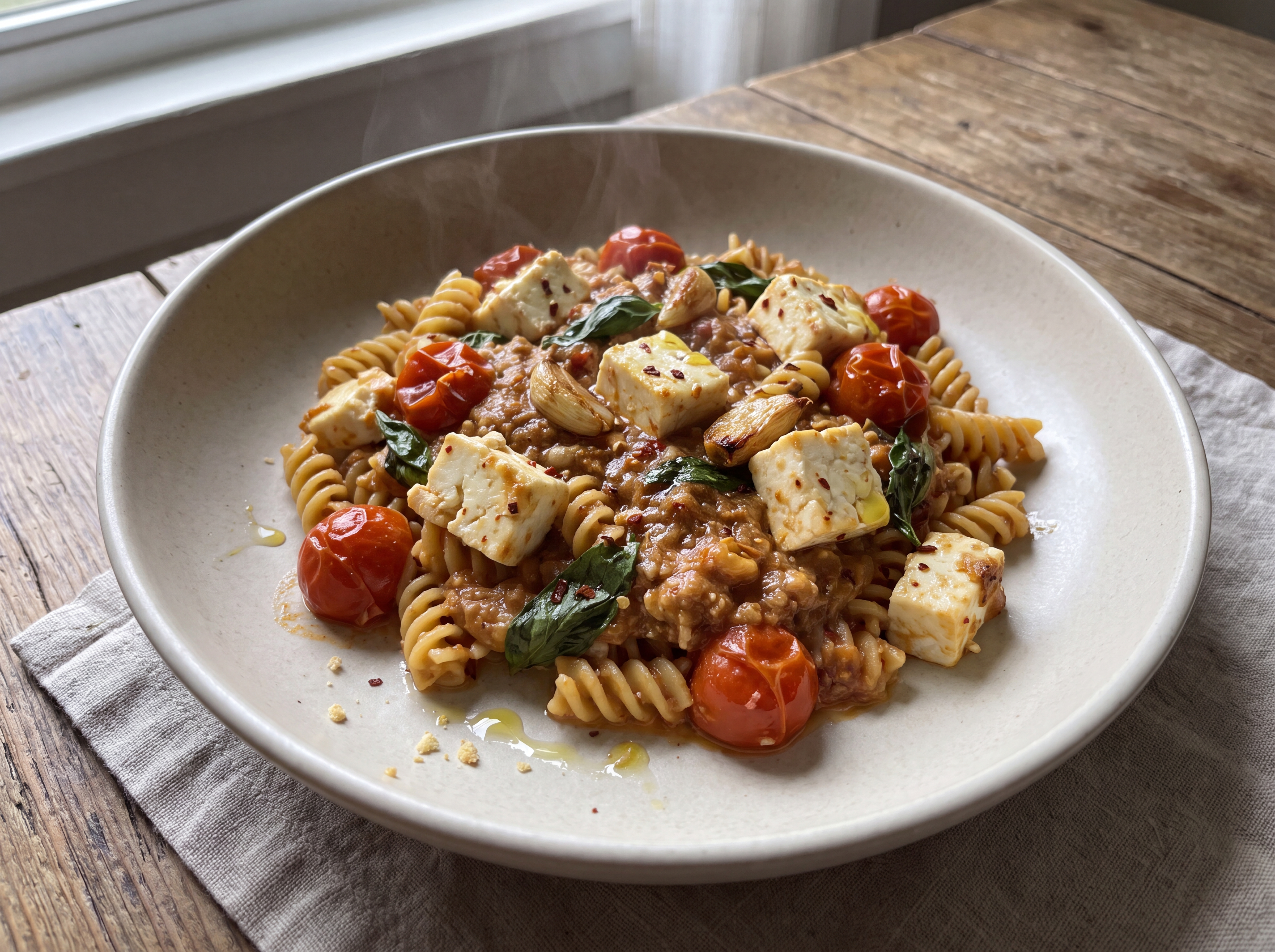 Baked Feta Pasta med cherrytomater servert som ferdig middag