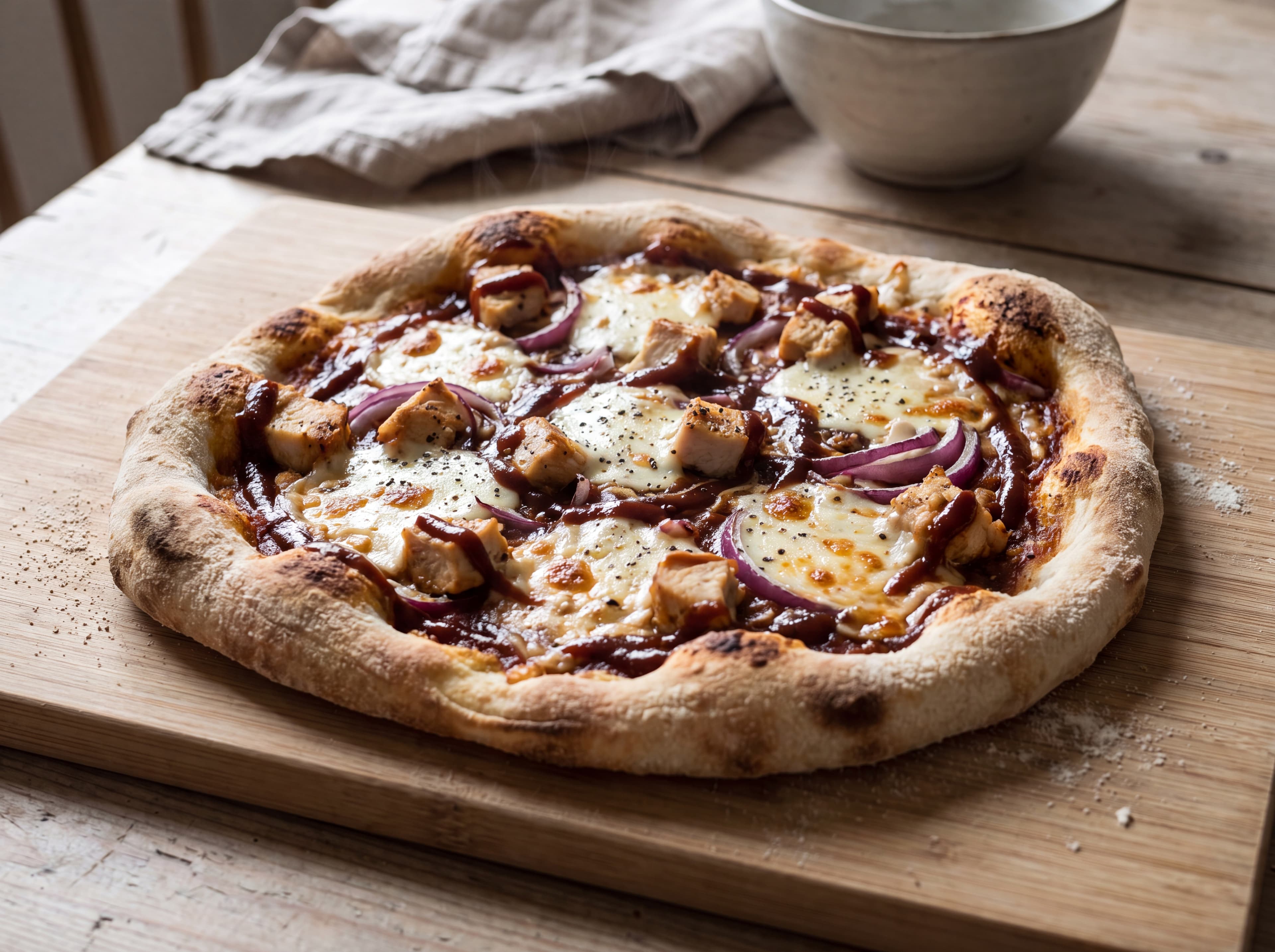 BBQ chicken pizza med rødløk servert som ferdig middag