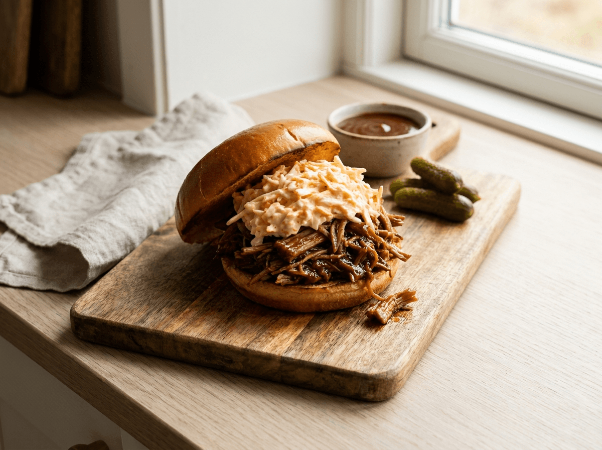 BBQ pulled pork sandwich med coleslaw på ristet briochebrød på trebrett