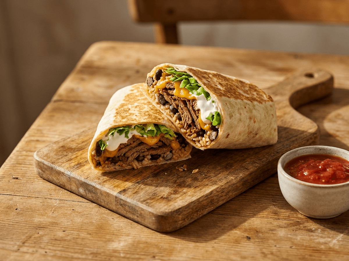 Beef burrito delt på tvers med fargerikt fyll av biff ost og bønner
