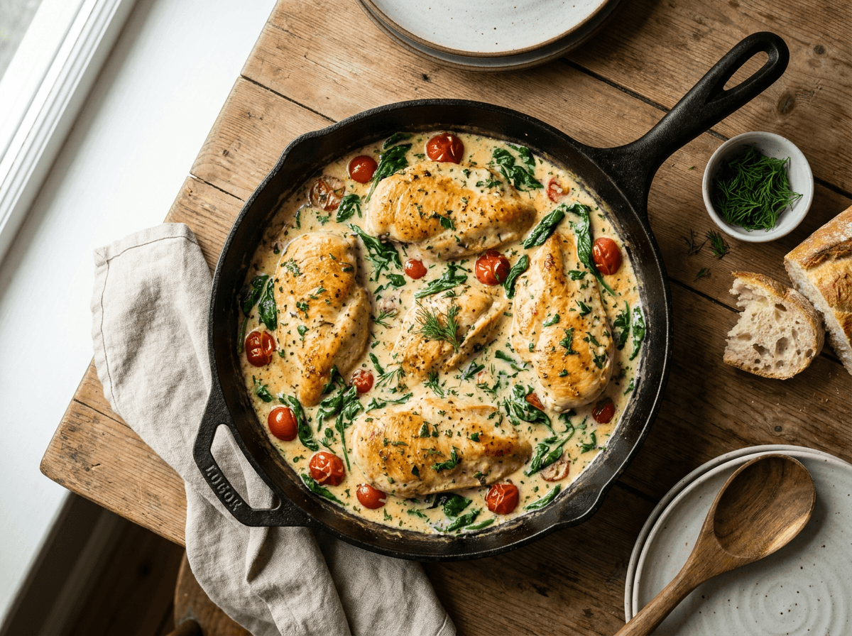 Boursin-kylling i kremet saus med spinat