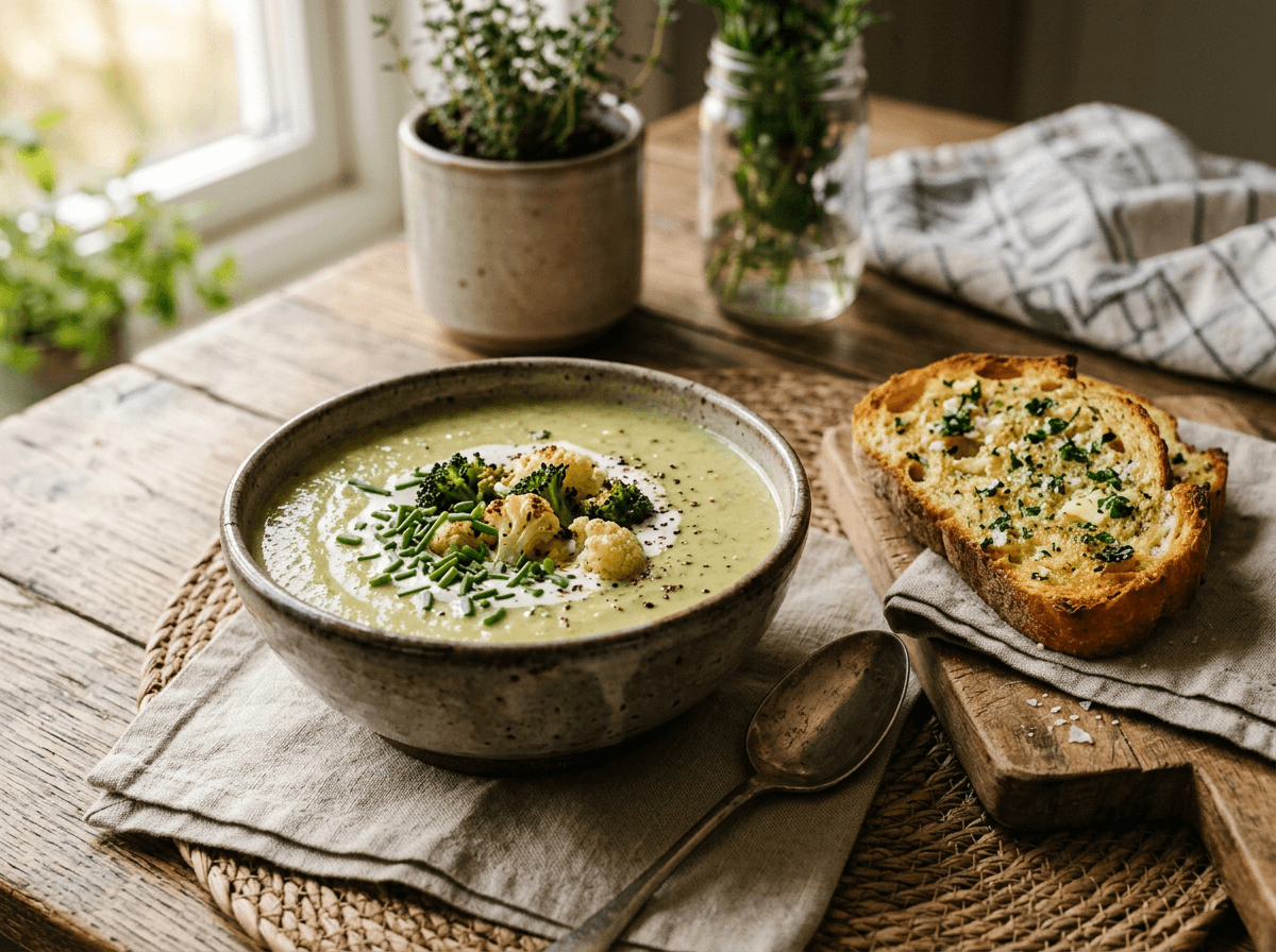 Brokkoli- og blomkålsuppe med hvitløksbrød