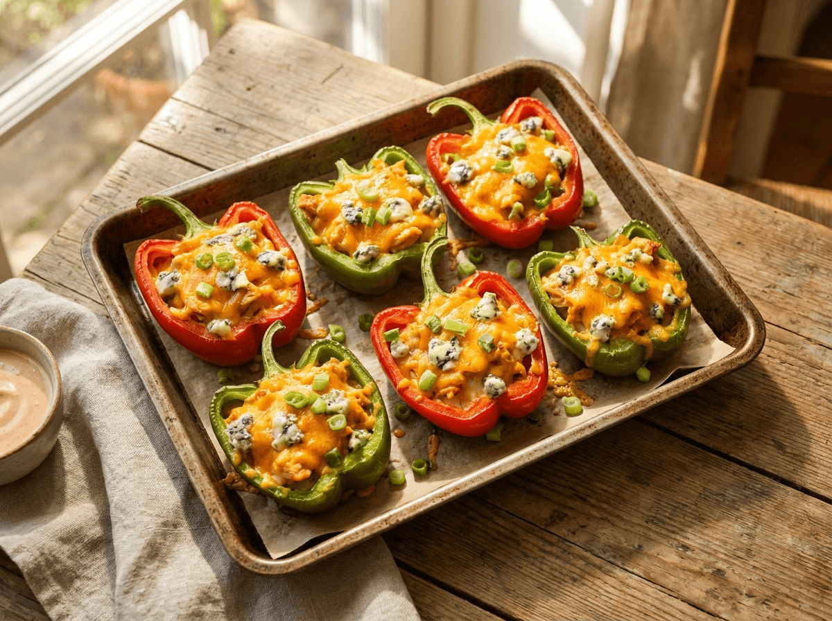 Fylte paprika med buffalokylling, smeltet cheddar og blåmuggost