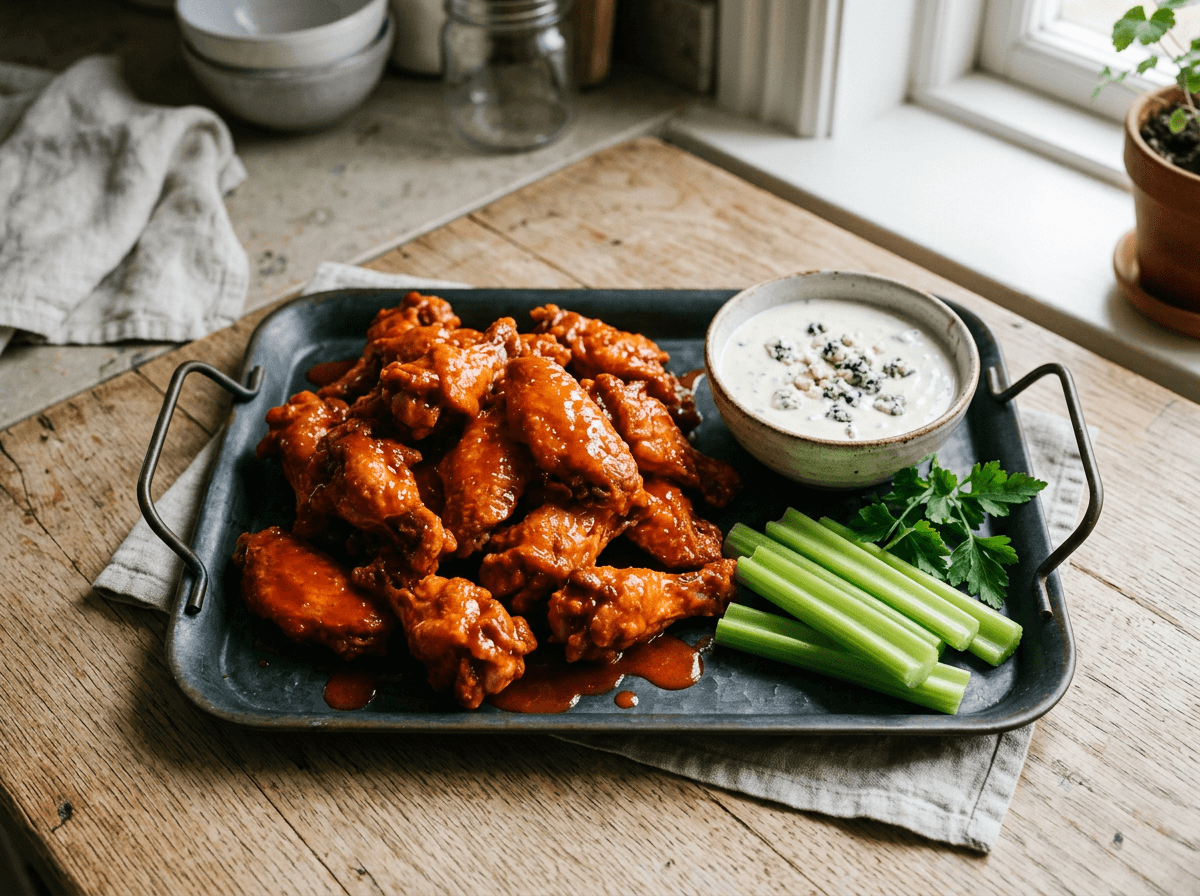 Buffalo chicken wings i glinsende rød buffalosaus med blåmuggostdip og selleristenger