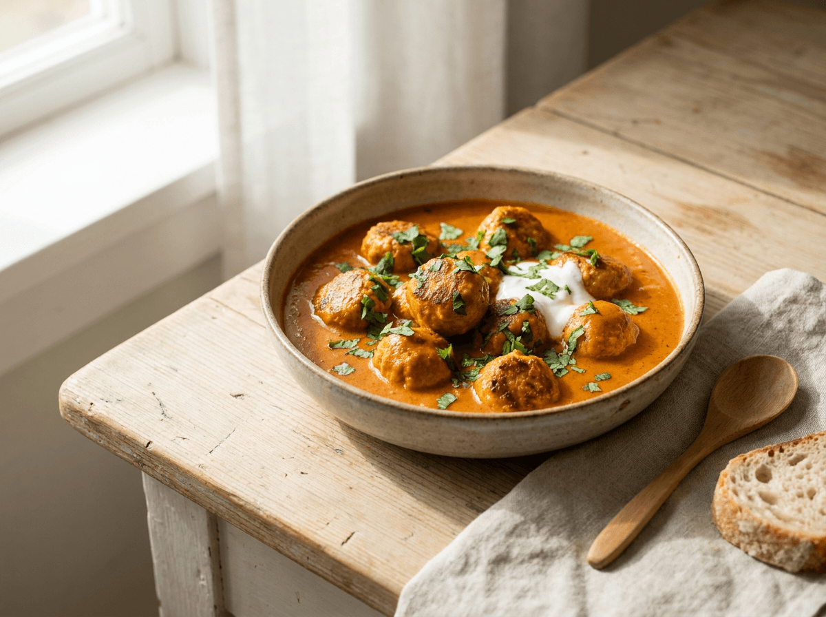 Butter chicken-kjøttboller i kremet indisk saus med koriander