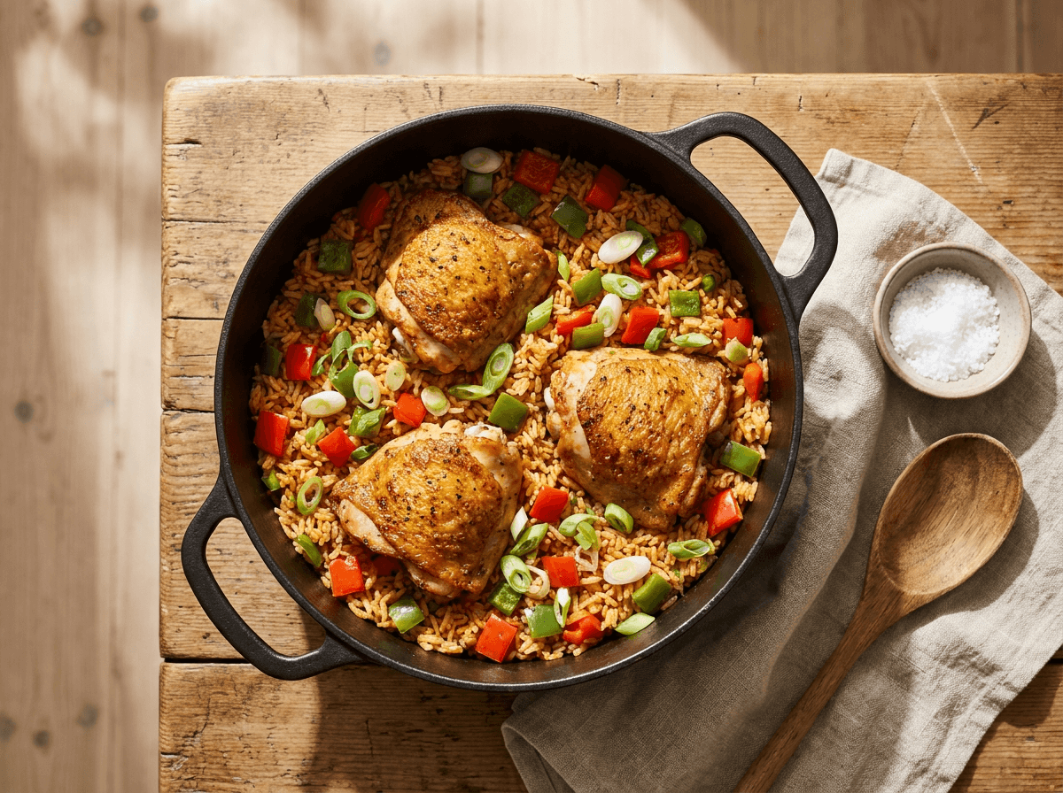 Cajun-kylling med ris, paprika og vårløk i støpejernsgryte