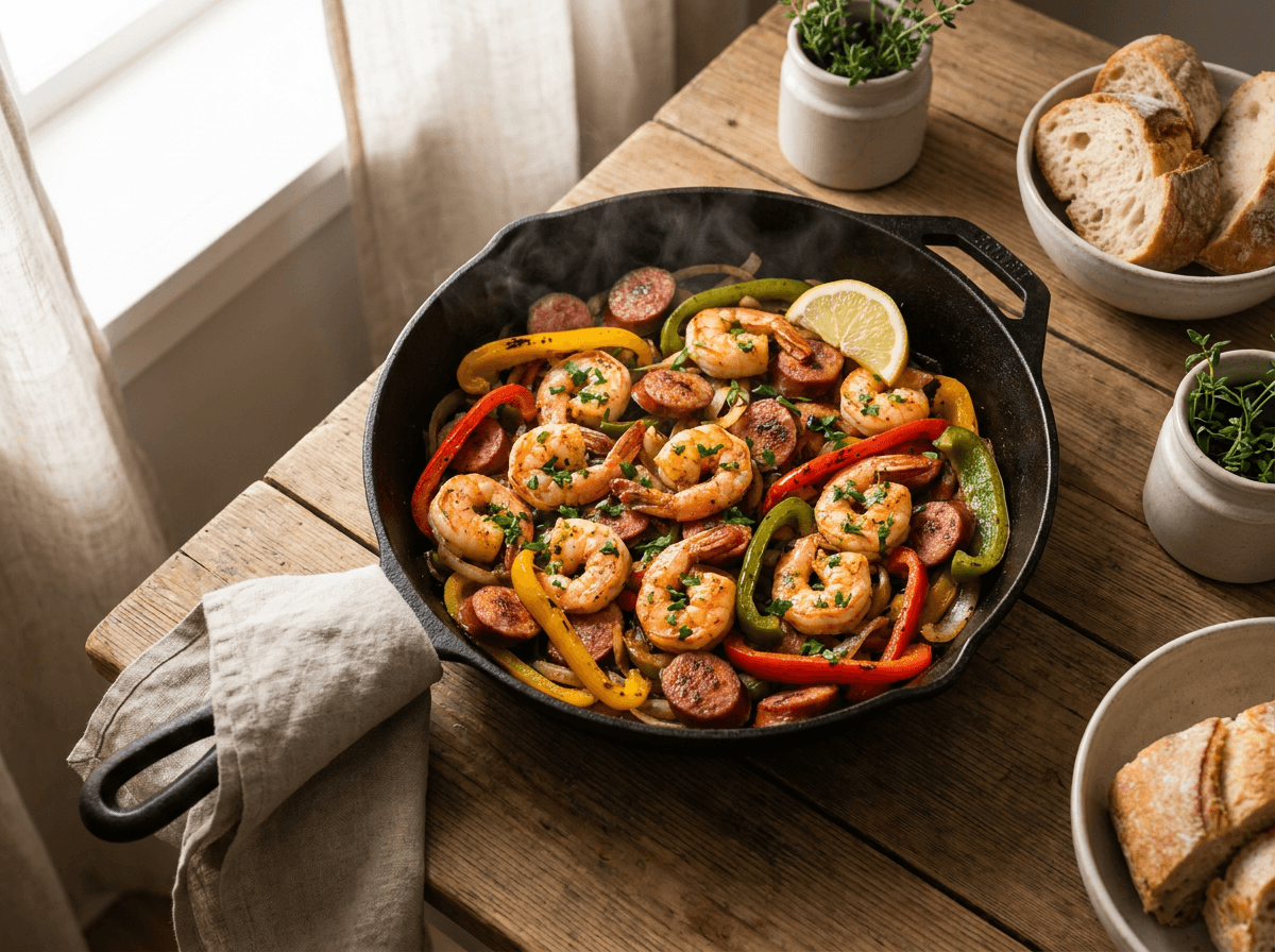 Cajun-reker og pølse i støpejernspanne med paprika og persille