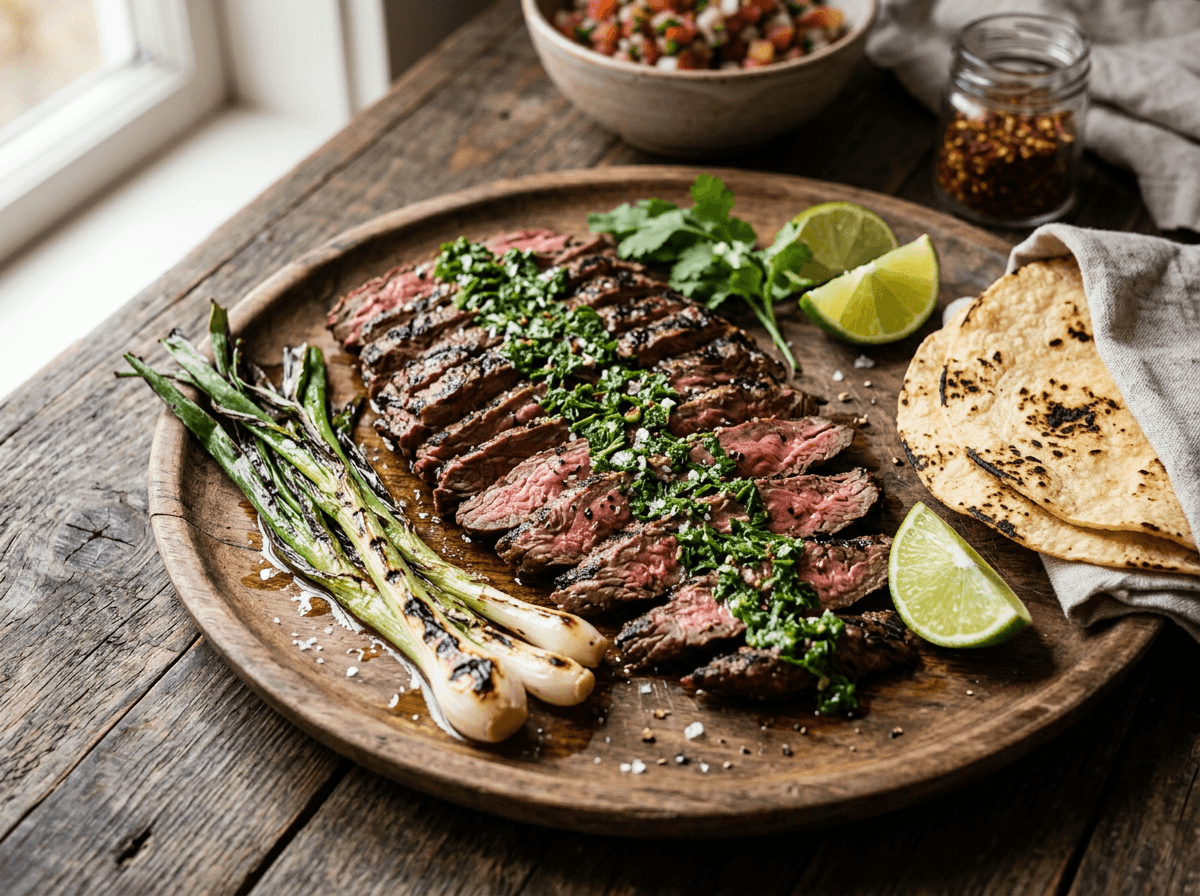 Carne asada grillet biff med chimichurri grillet vårløk og tortillas