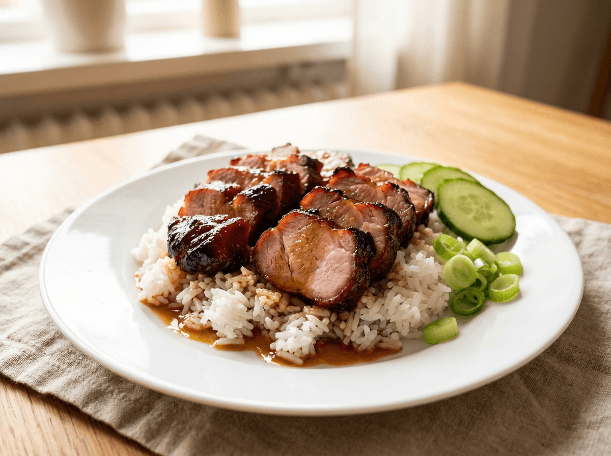 Char siu — kinesisk BBQ svinekjøtt med glinsende glasur over jasminris