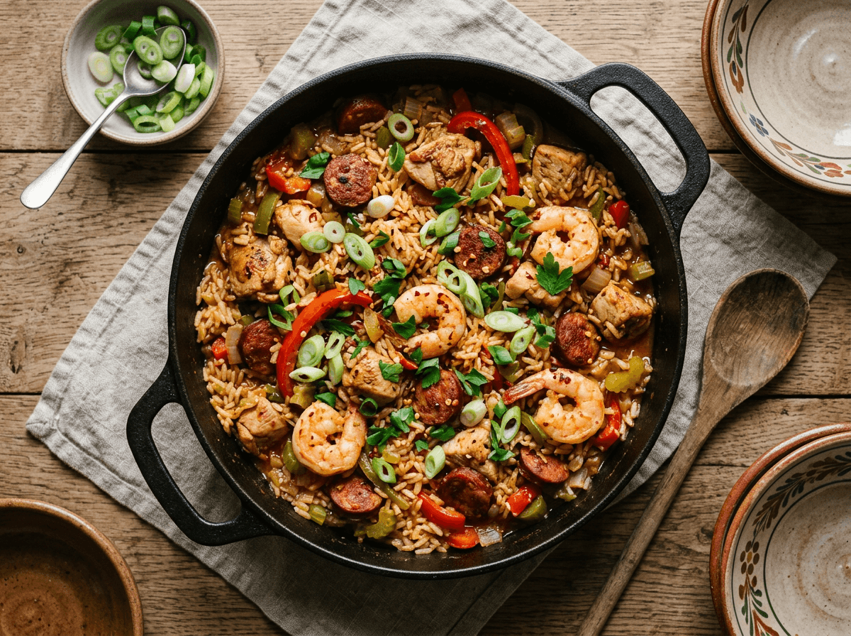 Jambalaya med kylling, chorizo og reker i støpejernsgryte