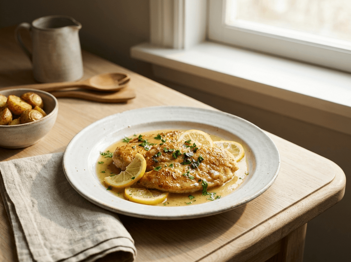 Chicken francese med sitronsaus, persille og sitronskiver