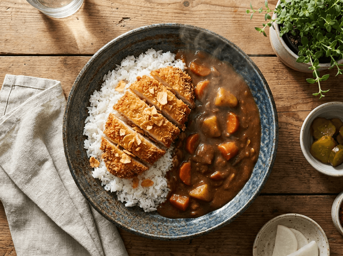 Chicken katsu curry med sprø panko-kylling på ris med mørk curry-saus
