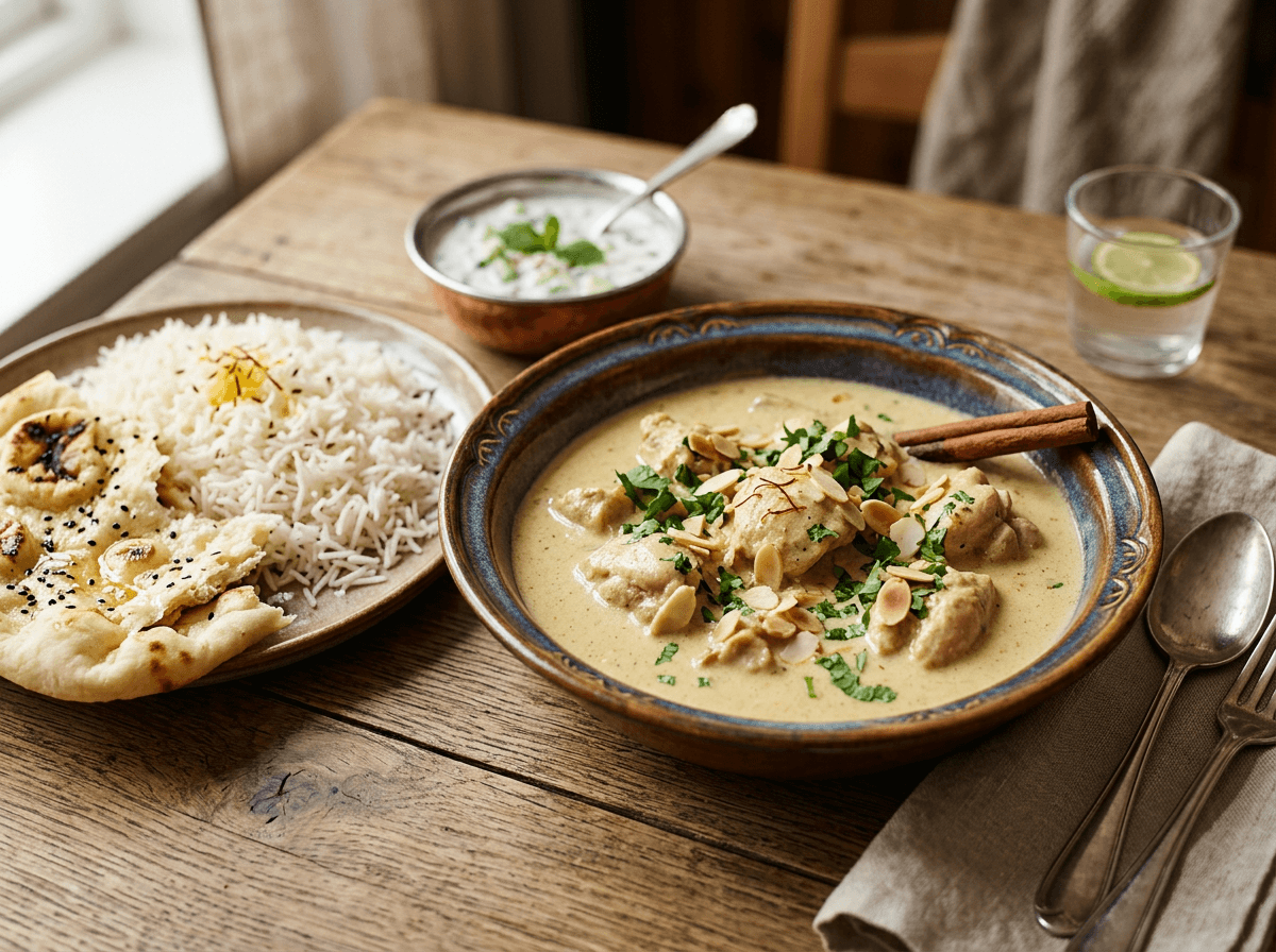 Mild, kremet indisk kyllingkorma med mandler, servert med ris og naan