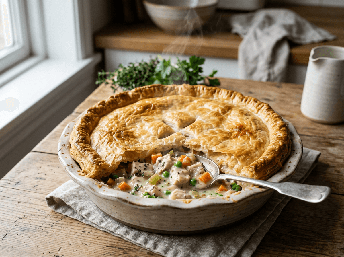 Chicken pot pie med gyllen butterdeig og kremet kyllingfyll i keramikkform