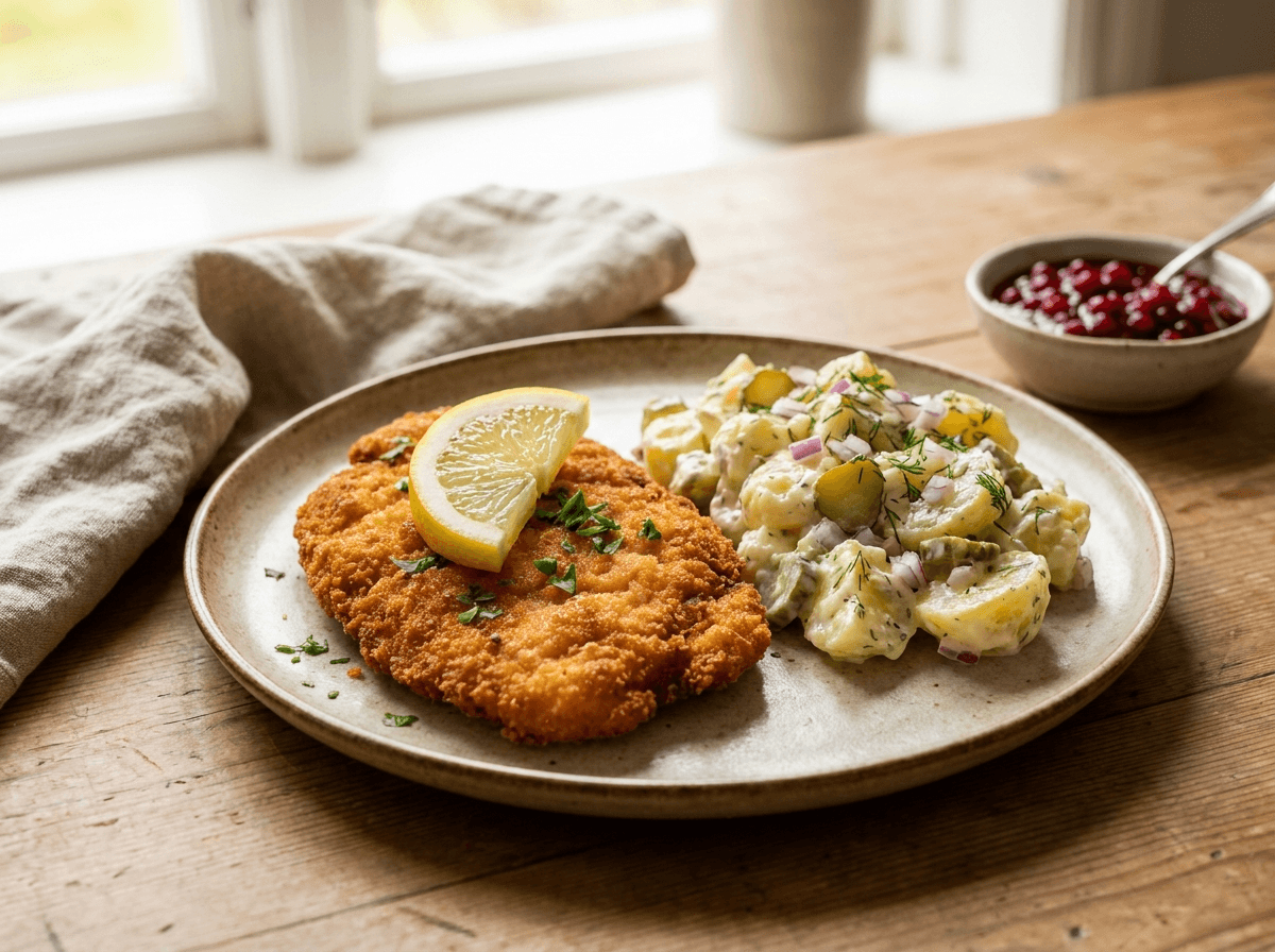 Chicken schnitzel med gyllen sprø panering og kremet potetsalat på tallerken med sitron