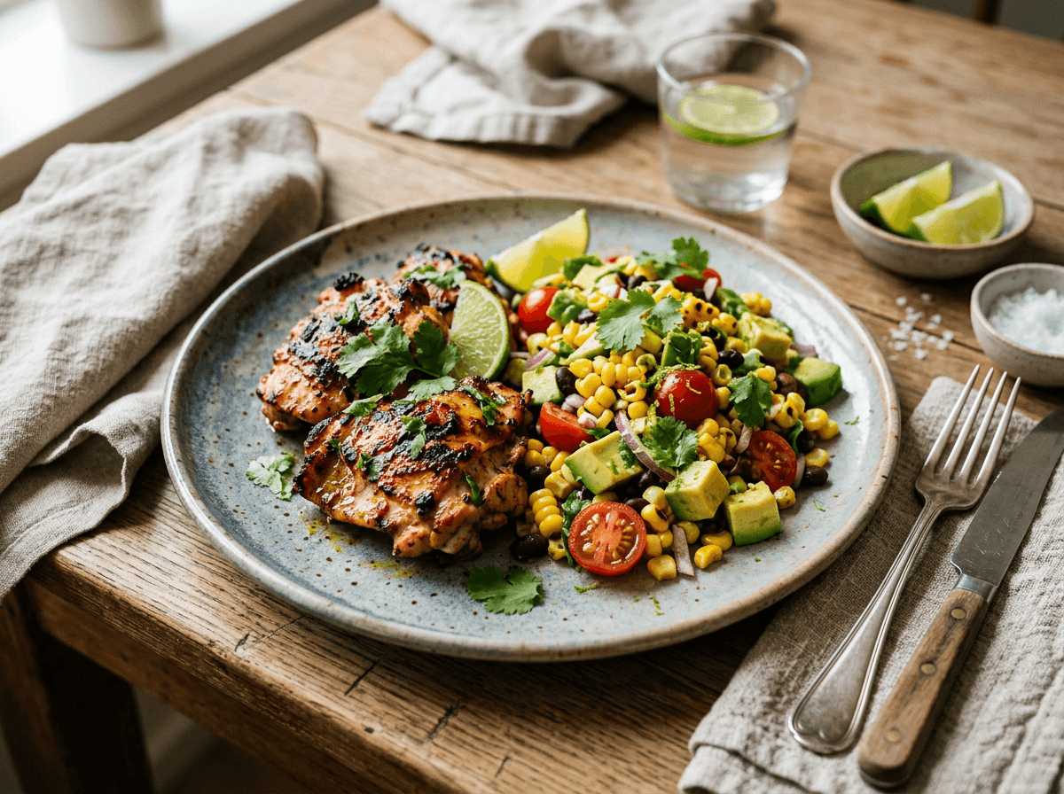 Grillet chili-lime kylling med fargerik mais- og avokadosalat på rustik tallerken