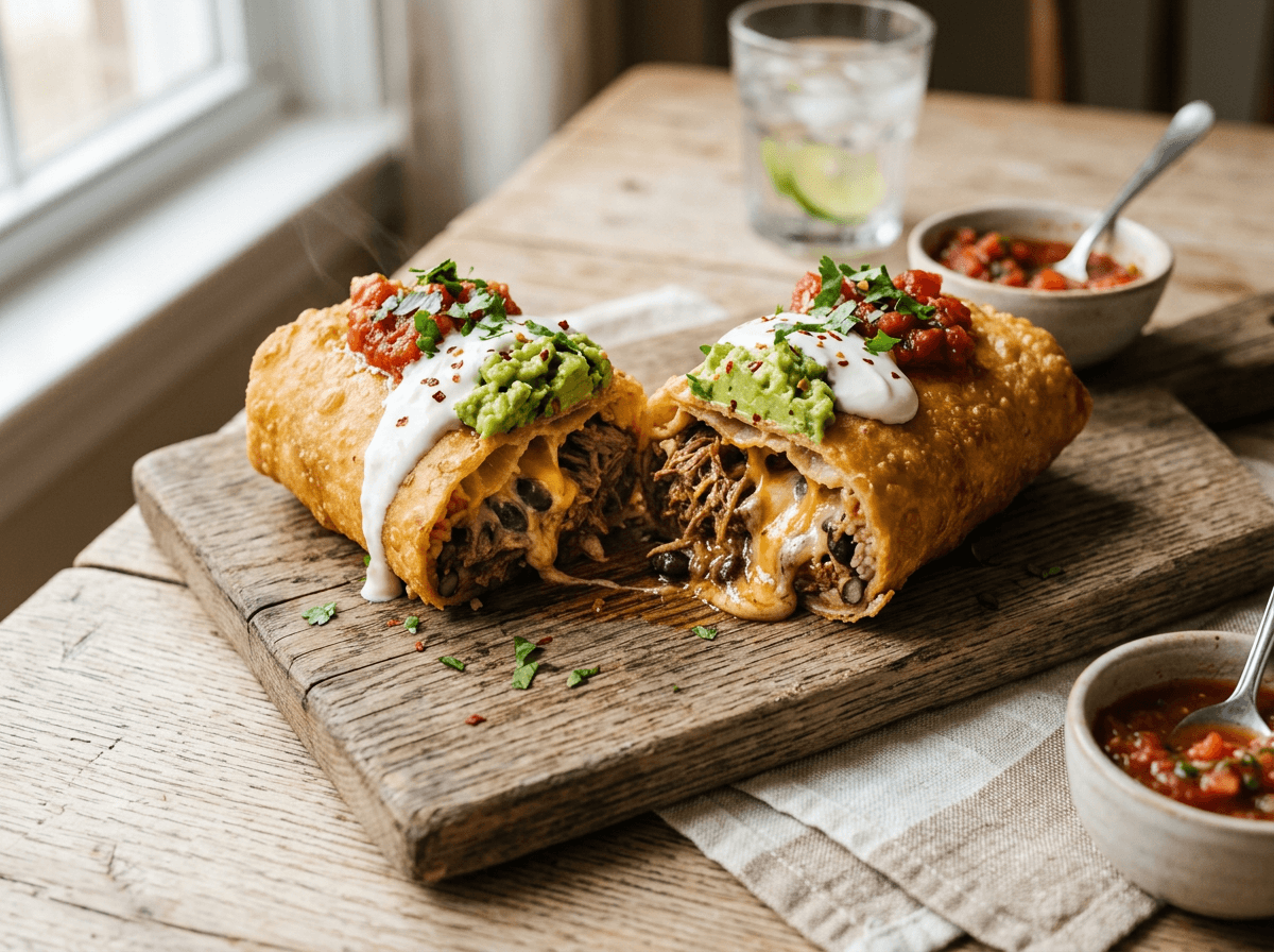 Chimichanga sprø frityrstekt burrito med biff ost rømme og guacamole