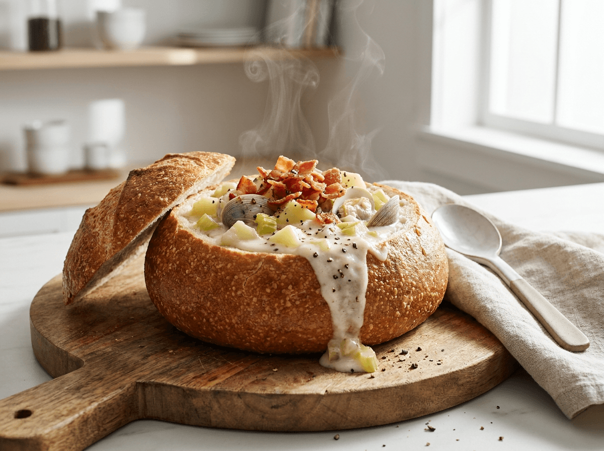 Clam chowder i uthult surdeigsbrød toppet med sprø bacon og pepper