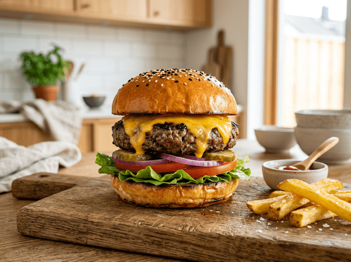 Classic cheeseburger med saftig biff, smeltet cheddar og ferskt tilbehør på trebrett