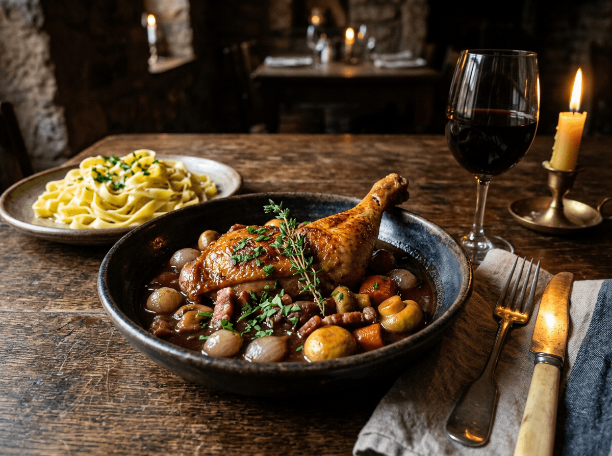 Fransk hane i rødvin med perleløk, sopp og bacon, servert med pasta