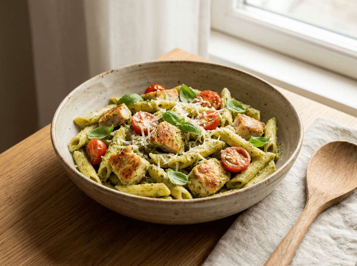 Kremet pestokyllingpasta med cherrytomater og parmesan
