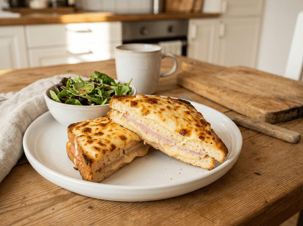 Croque monsieur — fransk ostesmørbrød med skinke og béchamelsaus
