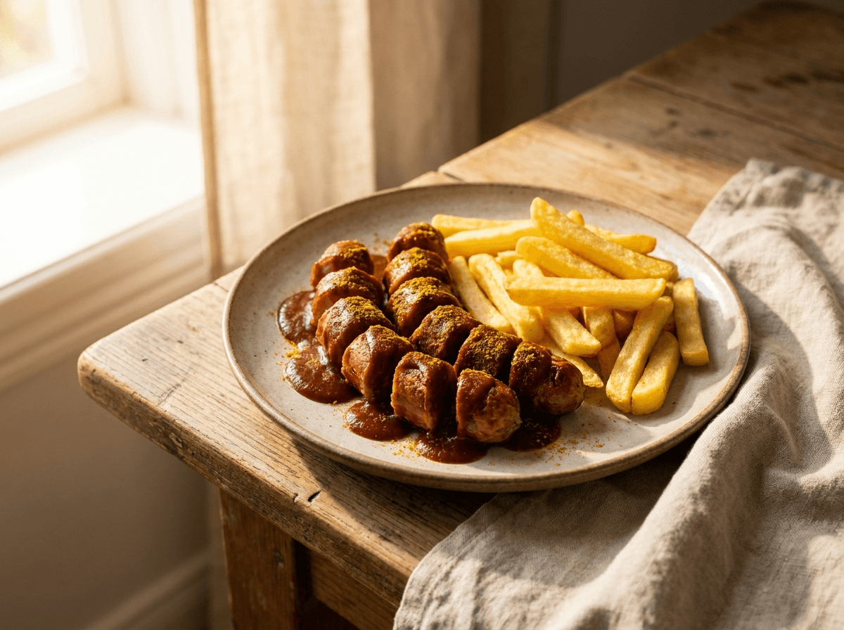 Currywurst med skivede bratwurst i currysaus drysset med currykrydder og pommes frites