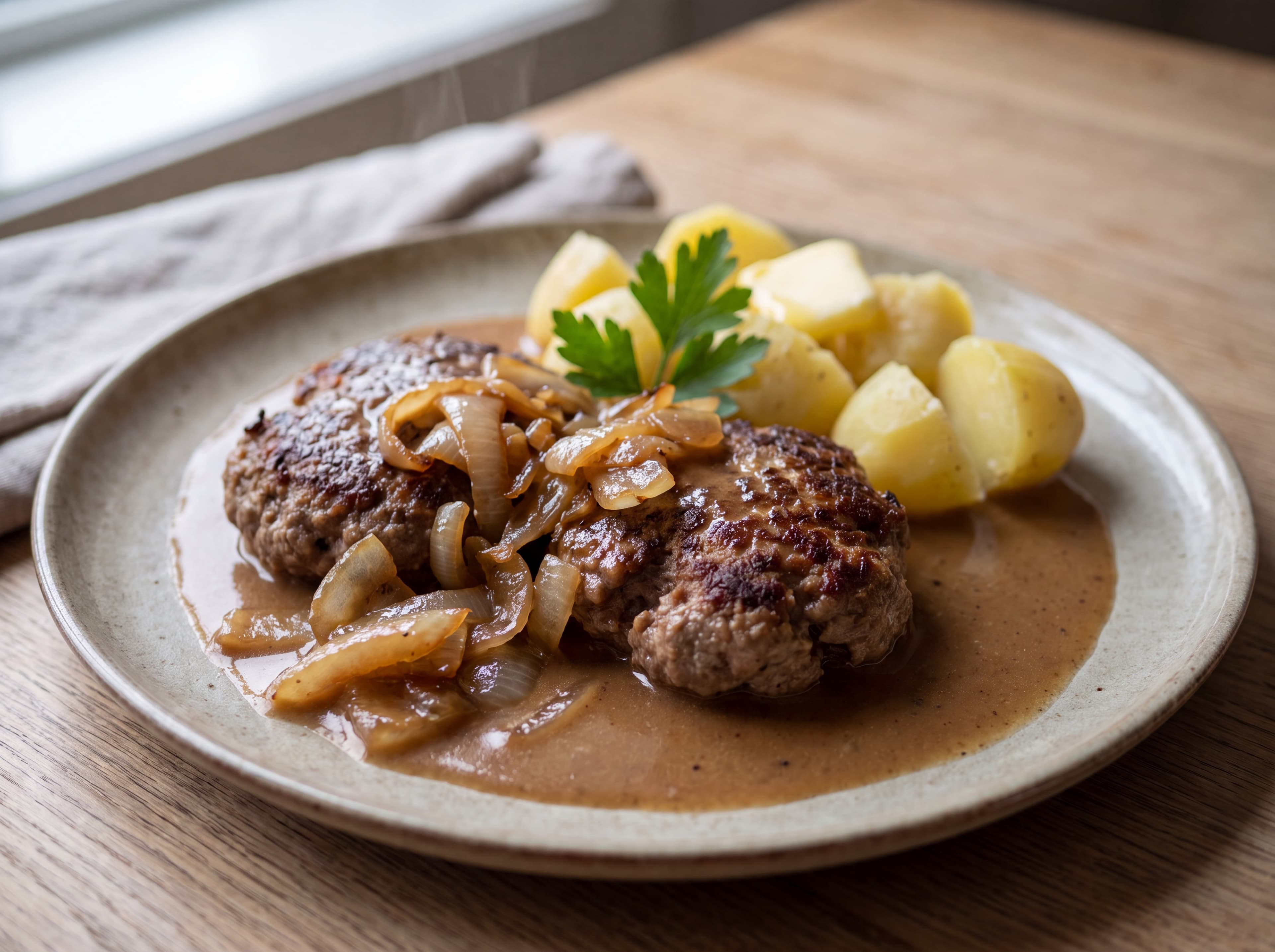 Dansk hakkebøf med bløt løk og poteter servert som ferdig middag
