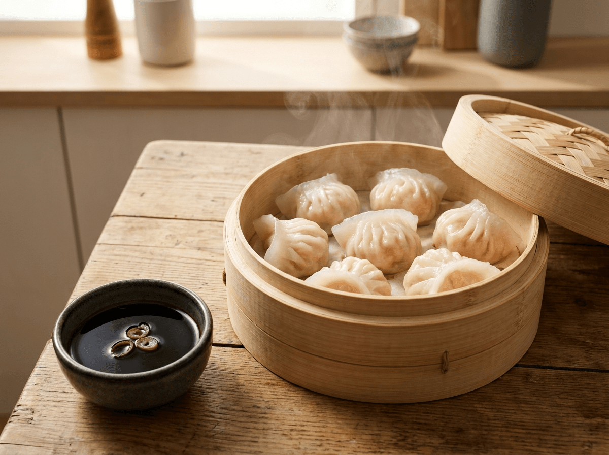 Dim sum — dampede dumplings i bambuskurv med soyadipp