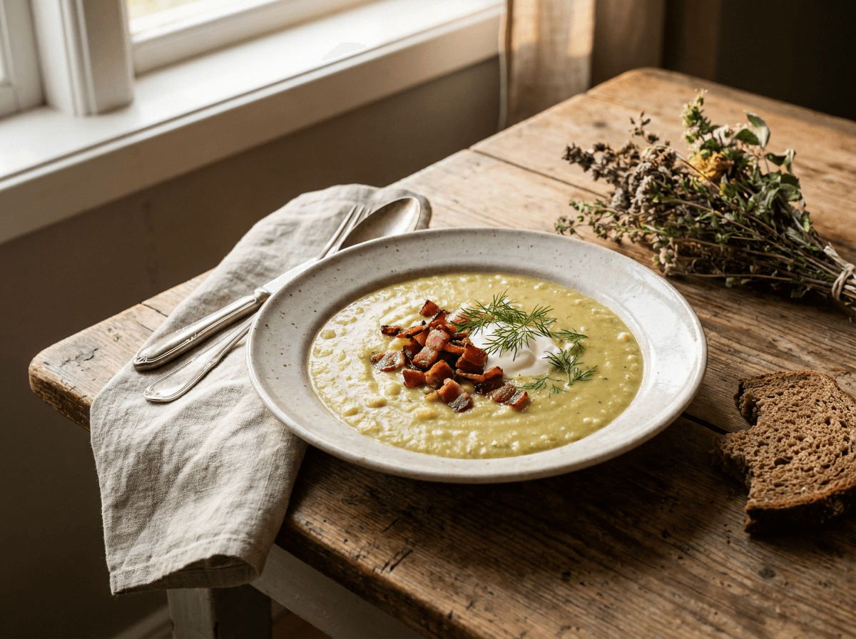 Erteblomkålsuppe med sprøstekt bacon