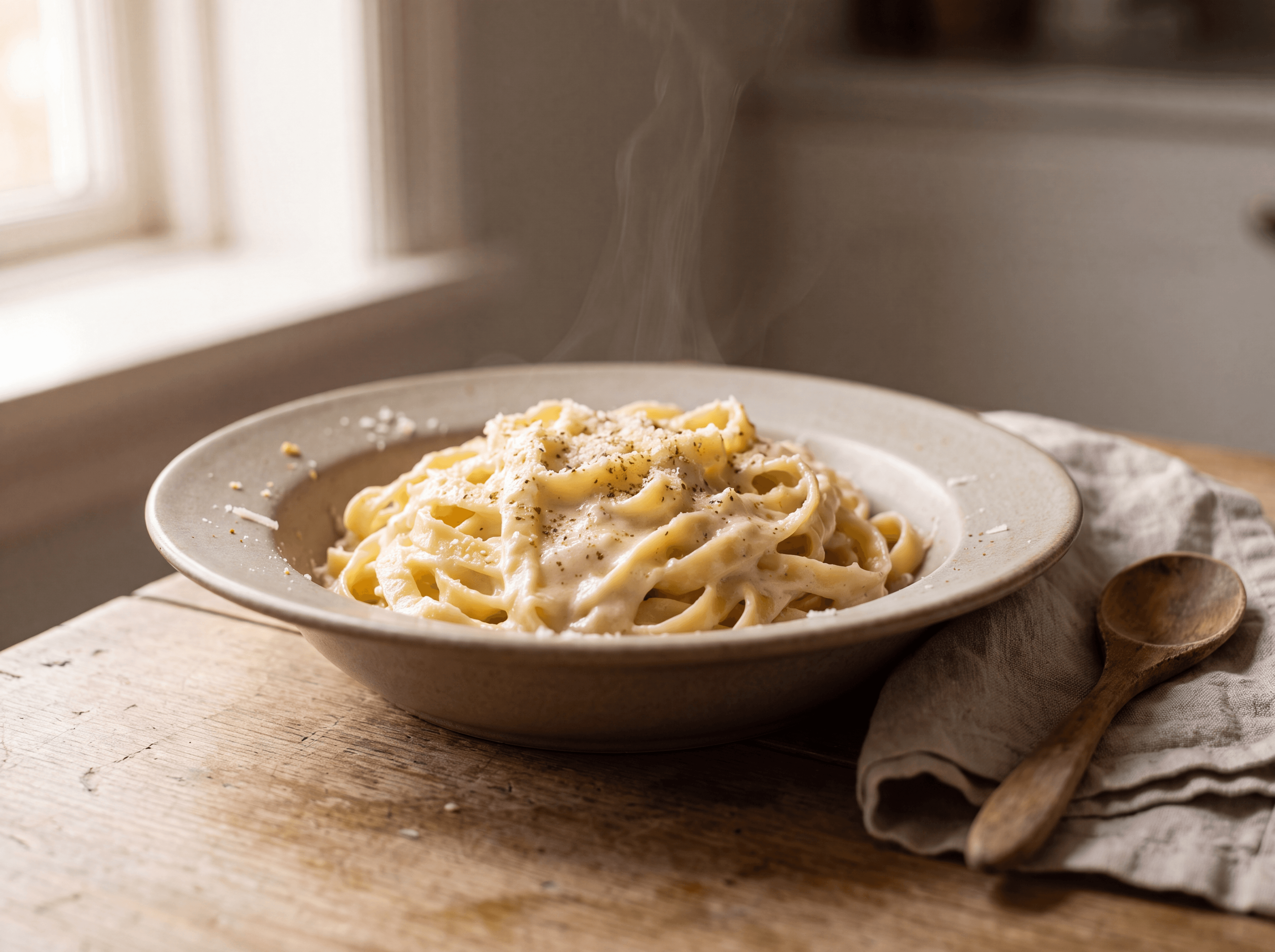 Fettuccine Alfredo med smør og parmesan servert som ferdig middag